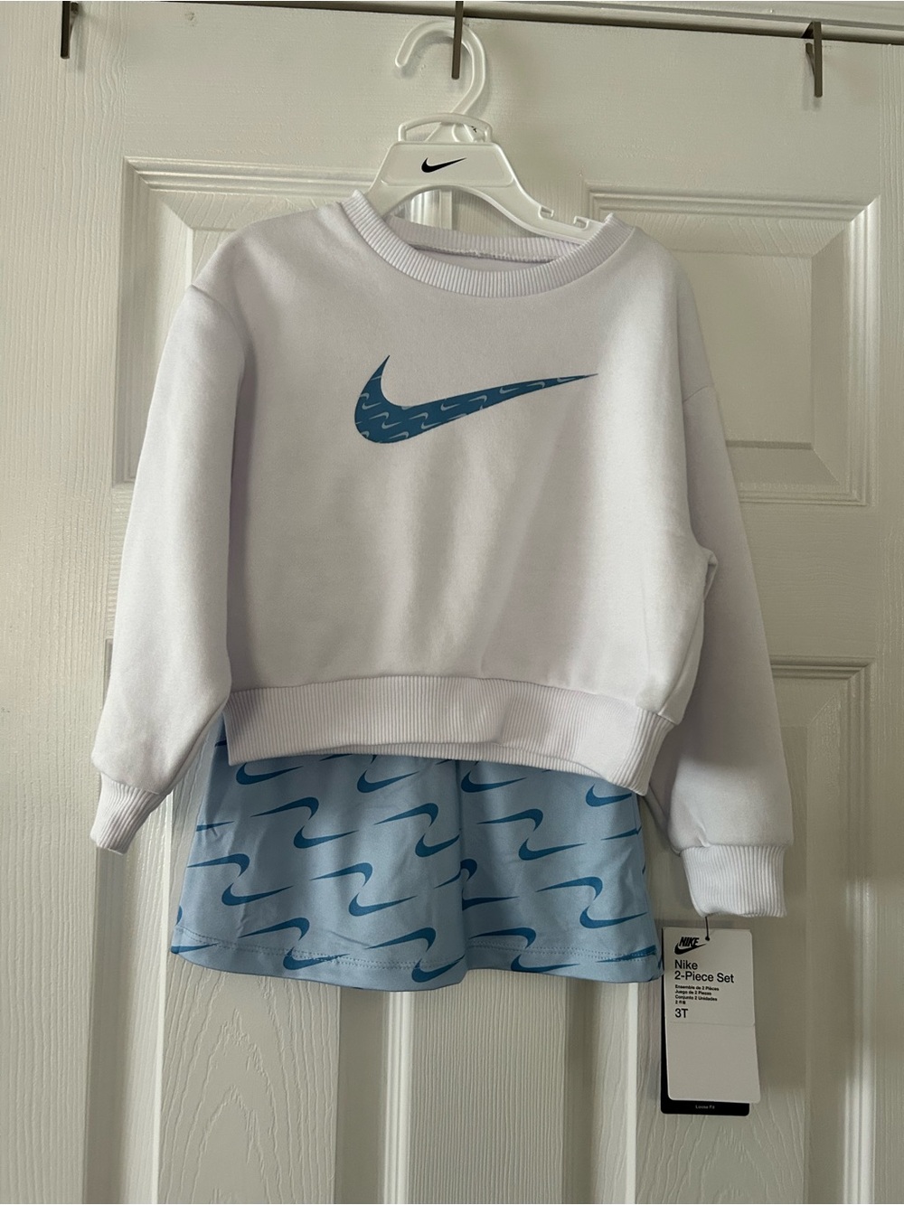 Nike White Sweatshirt & Light Blue Swoosh Skirt Set